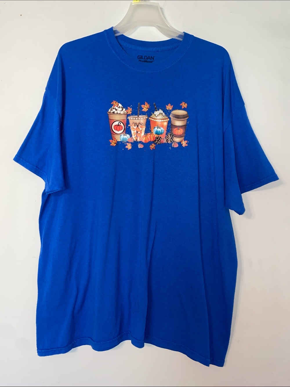Gildan Bright Blue Short-Sleeve Tee with Autumn Drink Graphic
